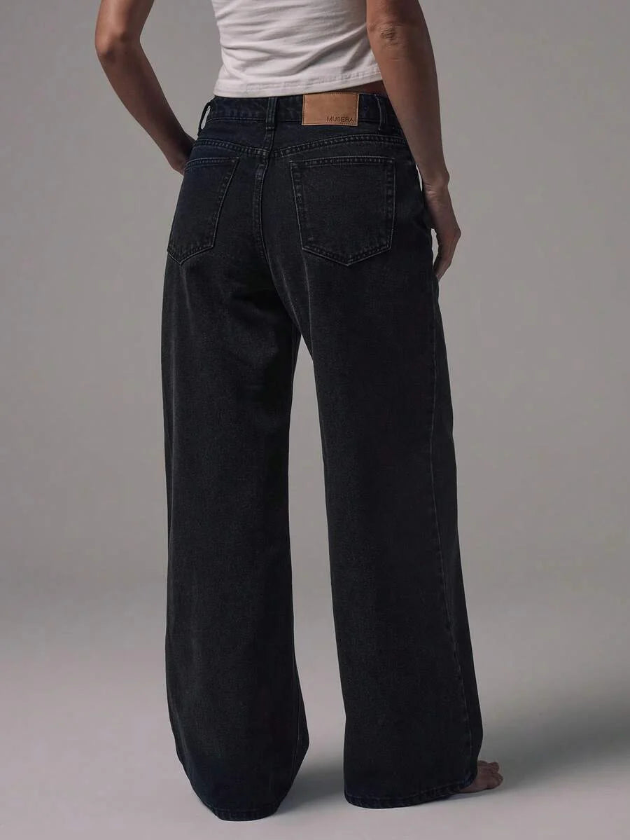 Women's Mid-Rise Wide-Leg Denim Jeans with Silver Button Accents