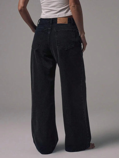Women's Mid-Rise Wide-Leg Denim Jeans with Silver Button Accents