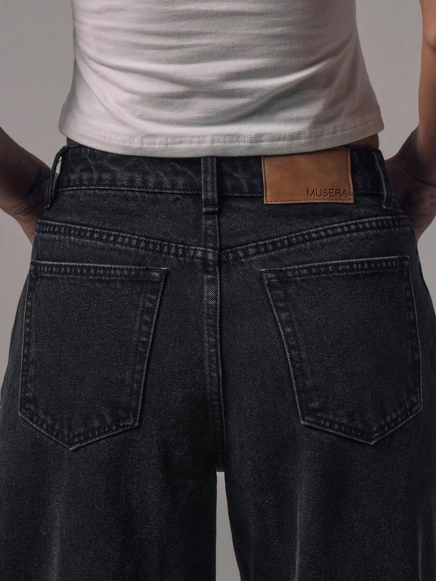 Women's Mid-Rise Wide-Leg Denim Jeans with Silver Button Accents
