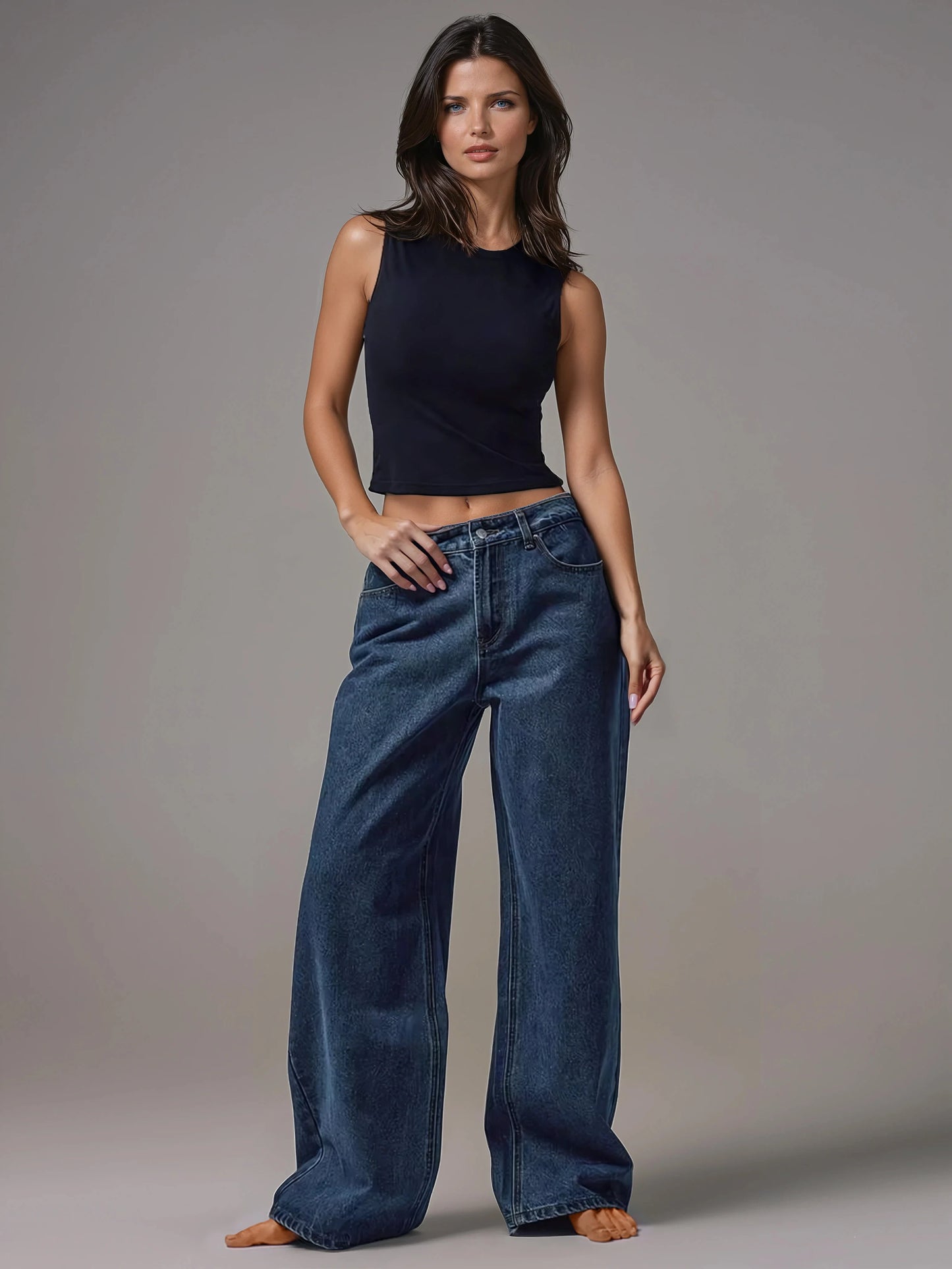 Women's Mid-Rise Wide-Leg Denim Jeans with Silver Button Accents