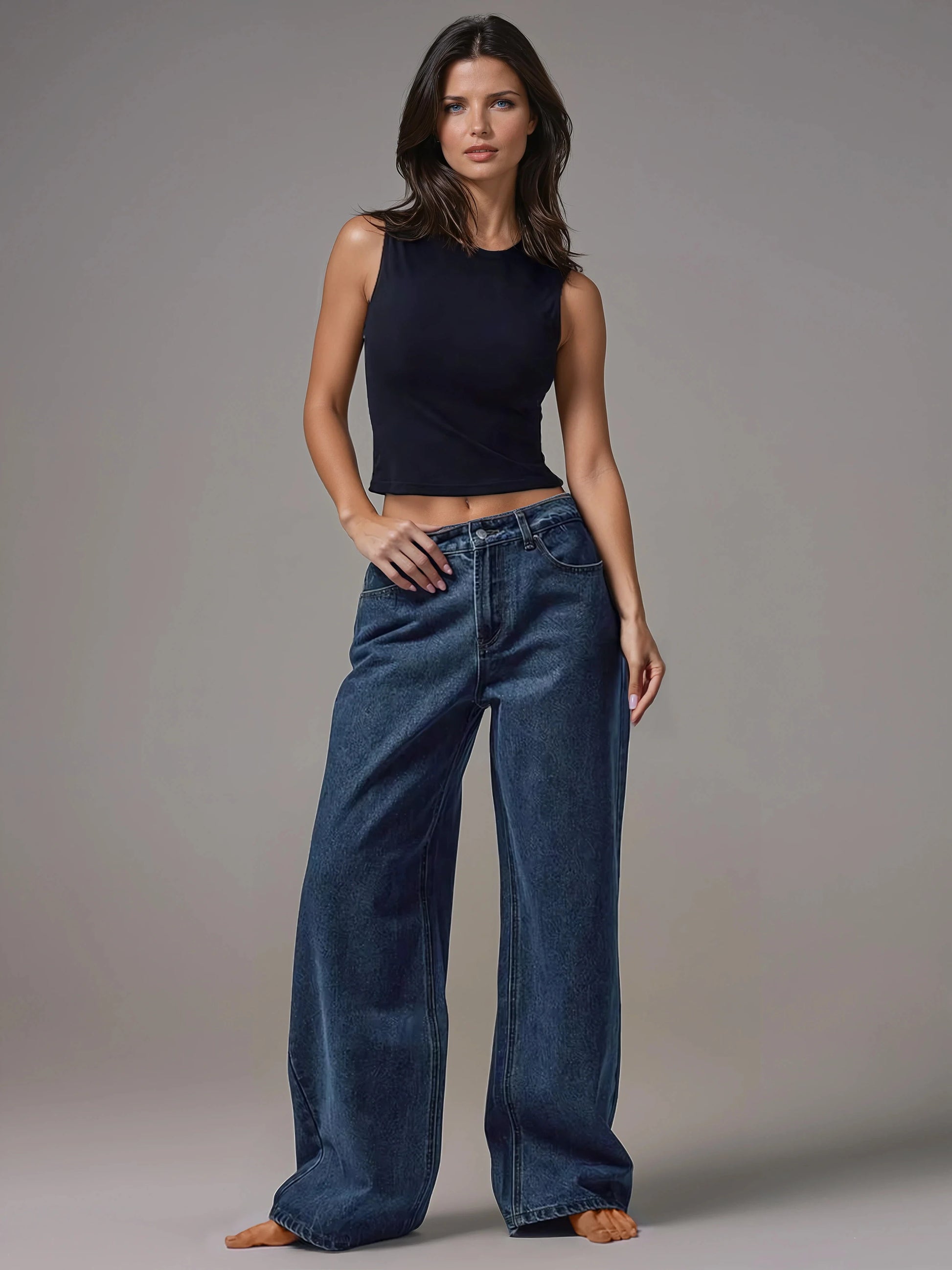 Women's Mid-Rise Wide-Leg Denim Jeans with Silver Button Accents