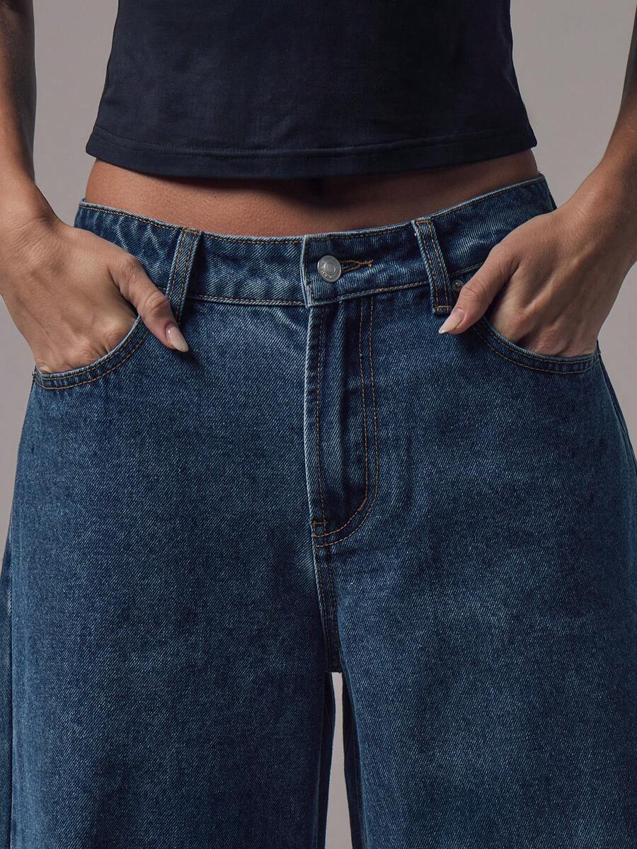 Women's Mid-Rise Wide-Leg Denim Jeans with Silver Button Accents