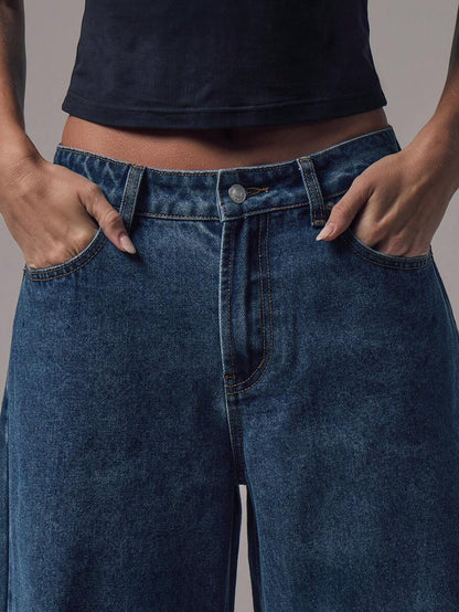 Women's Mid-Rise Wide-Leg Denim Jeans with Silver Button Accents