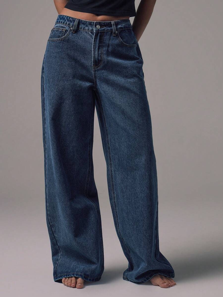 Women's Mid-Rise Wide-Leg Denim Jeans with Silver Button Accents