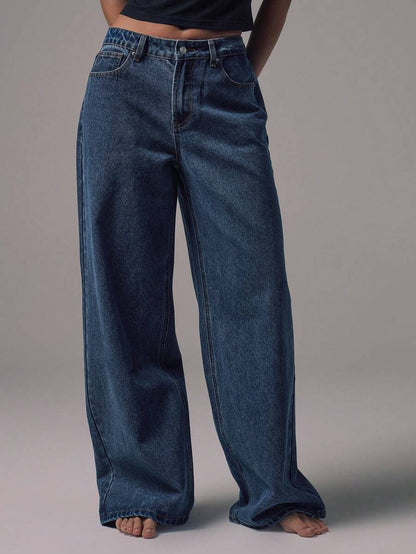 Women's Mid-Rise Wide-Leg Denim Jeans with Silver Button Accents
