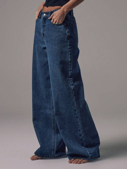 Women's Mid-Rise Wide-Leg Denim Jeans with Silver Button Accents