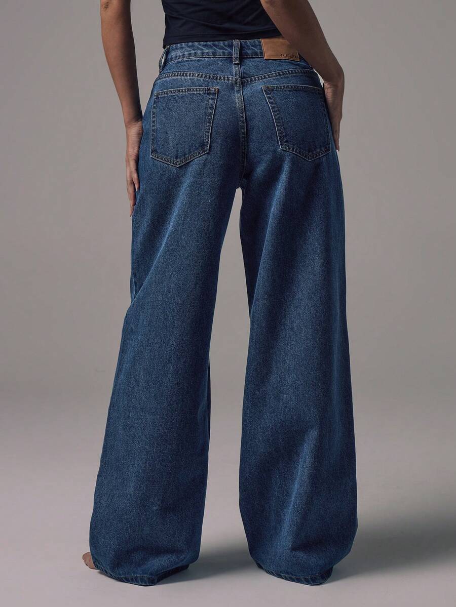 Women's Mid-Rise Wide-Leg Denim Jeans with Silver Button Accents
