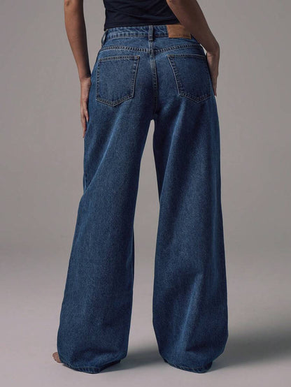 Women's Mid-Rise Wide-Leg Denim Jeans with Silver Button Accents
