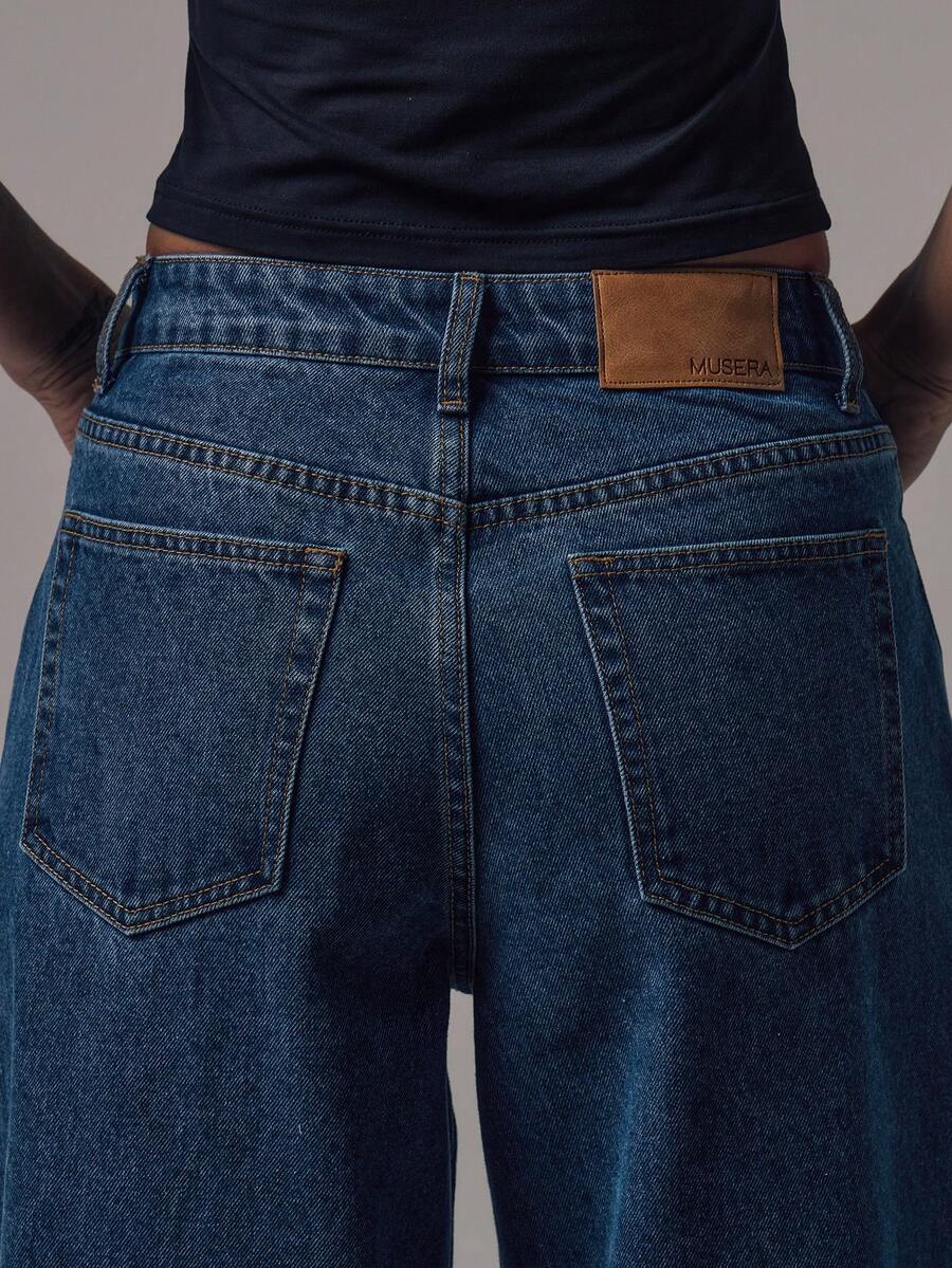 Women's Mid-Rise Wide-Leg Denim Jeans with Silver Button Accents