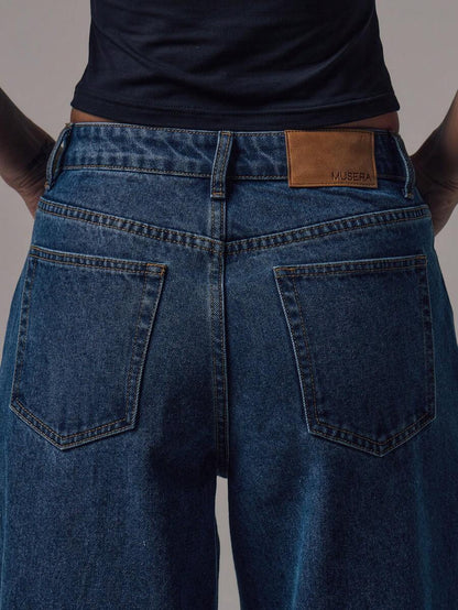 Women's Mid-Rise Wide-Leg Denim Jeans with Silver Button Accents