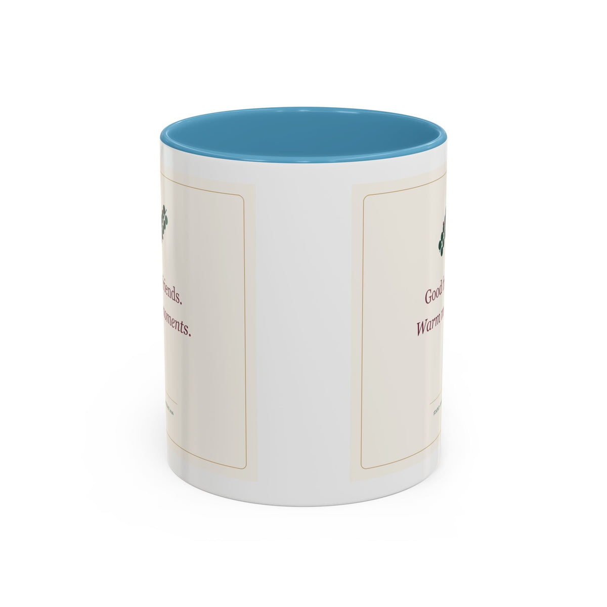 STAPLE Good Friends, Warm Moments 11 oz mug in Light Blue, wrap view; digital Printify mockup.