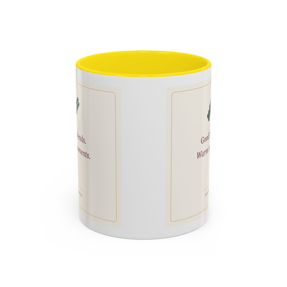 STAPLE Good Friends, Warm Moments 11 oz mug in Yellow, wrap view; digital Printify mockup.