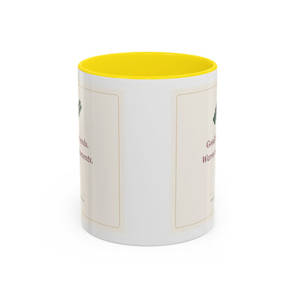 STAPLE Good Friends, Warm Moments 11 oz mug in Yellow, wrap view; digital Printify mockup.