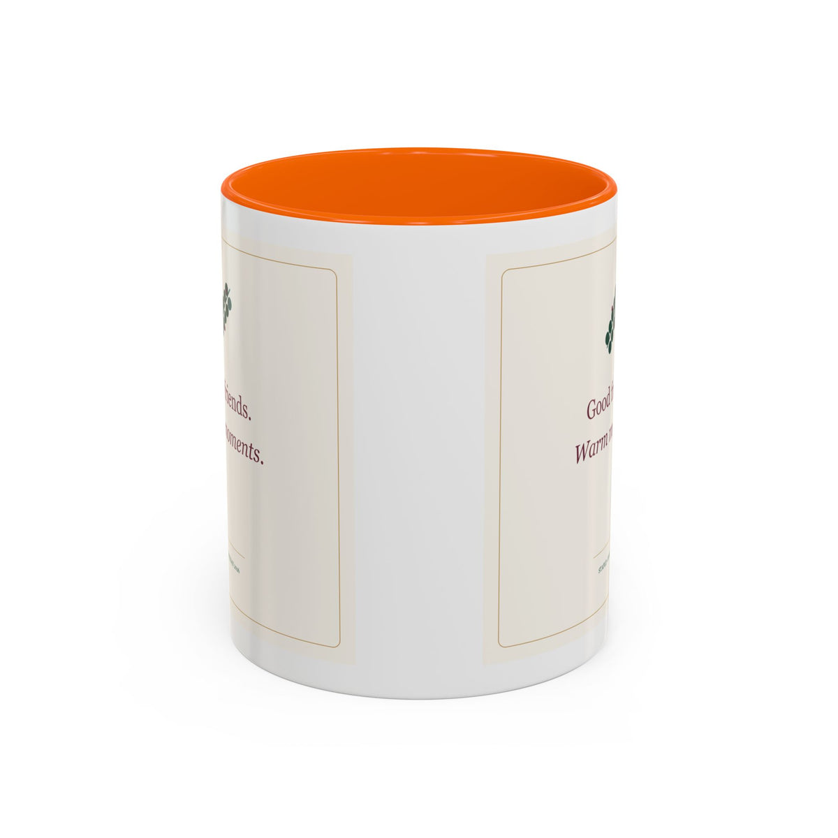STAPLE Good Friends, Warm Moments 11 oz mug in Orange, wrap view; digital Printify mockup.