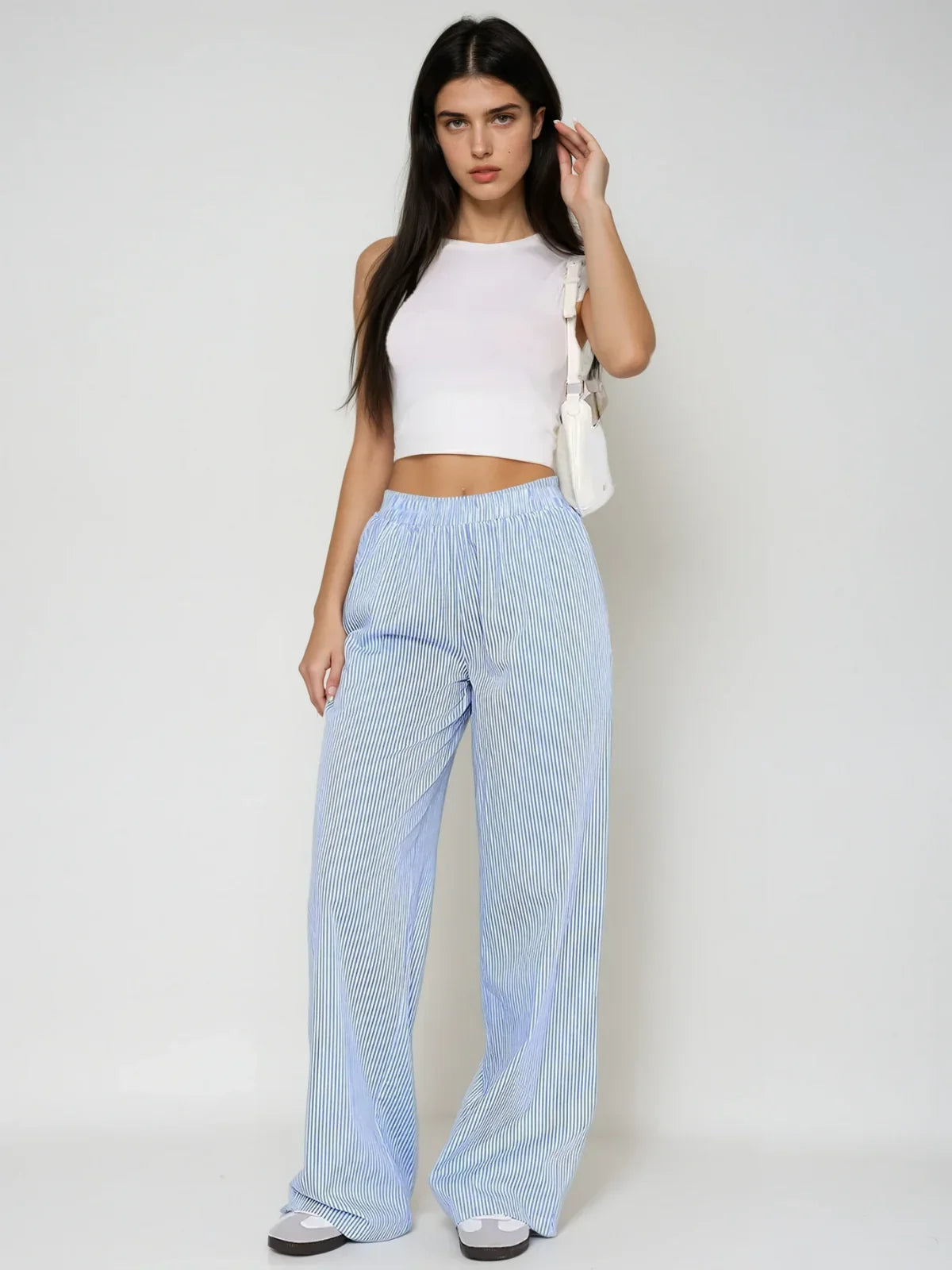 Women's Elastic High Waist Wide Leg Striped Casual Trousers