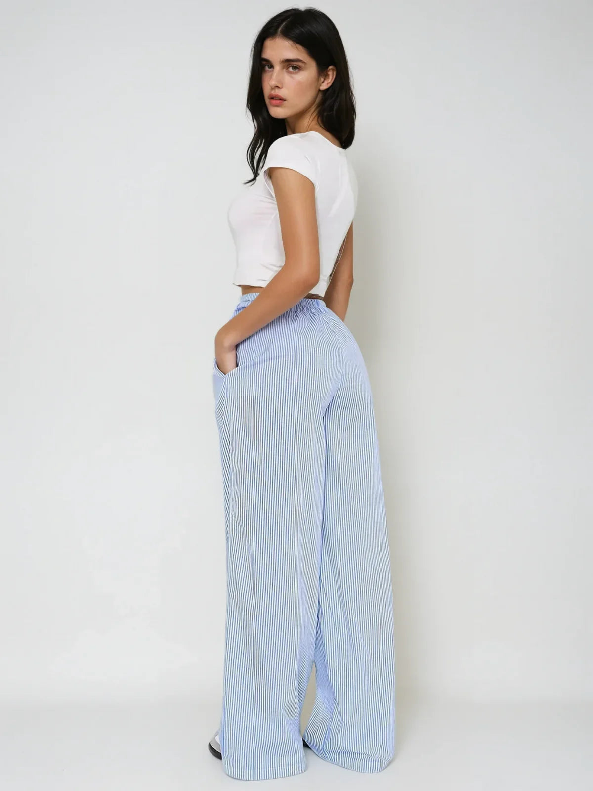 Women's Elastic High Waist Wide Leg Striped Casual Trousers