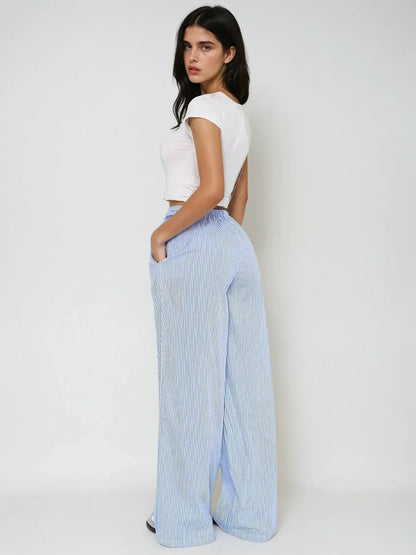 Women's Elastic High Waist Wide Leg Striped Casual Trousers
