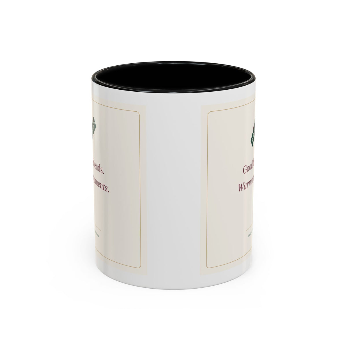 STAPLE Good Friends, Warm Moments 11 oz mug in Black, wrap view; digital Printify mockup.