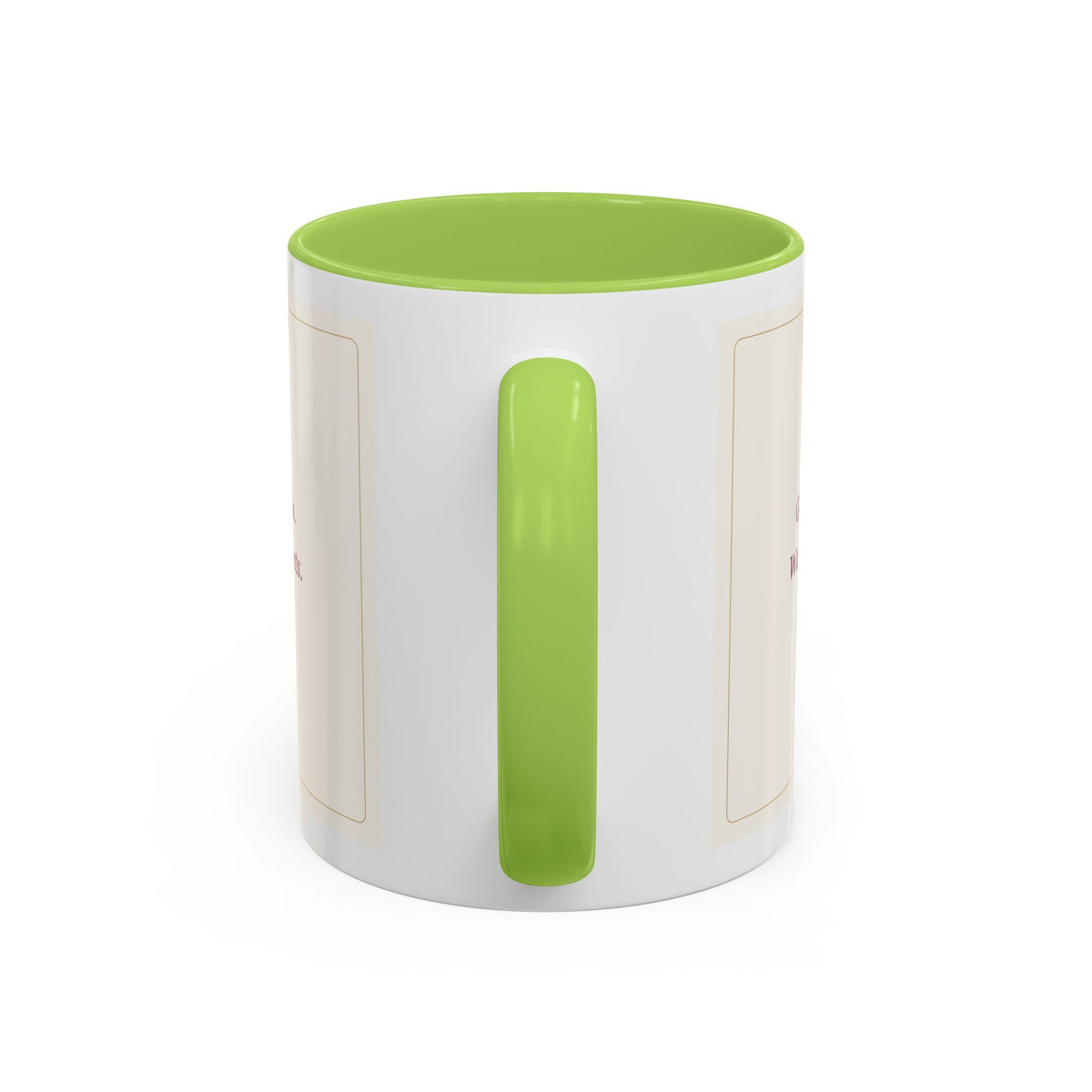 STAPLE Good Friends, Warm Moments 11 oz mug in Light Green, handle view; digital Printify mockup.