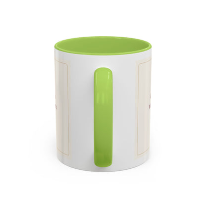 STAPLE Good Friends, Warm Moments 11 oz mug in Light Green, handle view; digital Printify mockup.