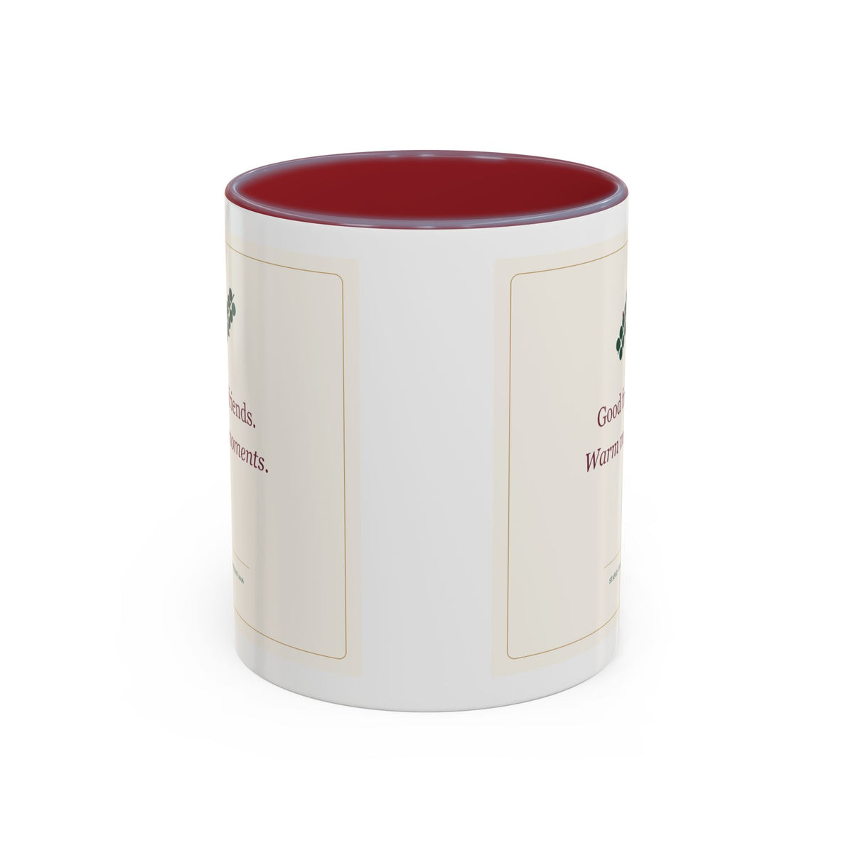 STAPLE Good Friends, Warm Moments 11 oz mug in Maroon, wrap view; digital Printify mockup.