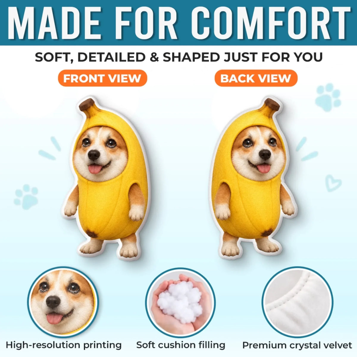 Banana costume pet pillow front and back views with fabric and filling details