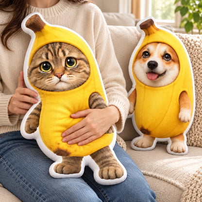 Banana costume pet photo pillows displayed on a sofa