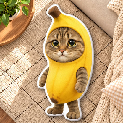 Banana costume cat photo pillow shown flat