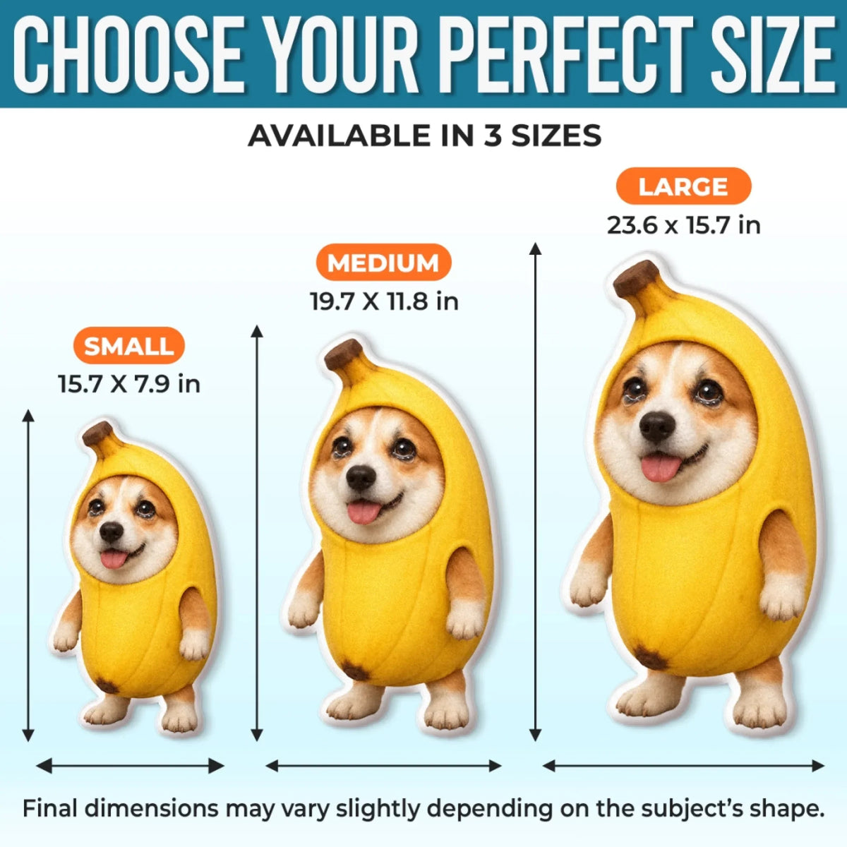 Banana costume pet pillow size guide with three height and width options