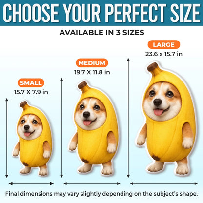 Banana costume pet pillow size guide with three height and width options