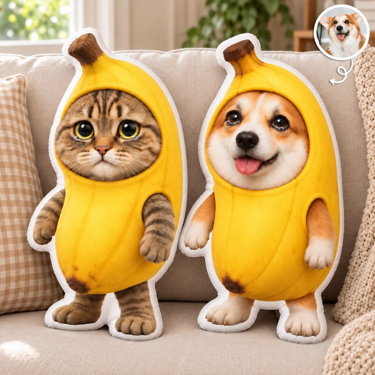Banana costume custom pet photo shaped pillow examples with cat and dog designs