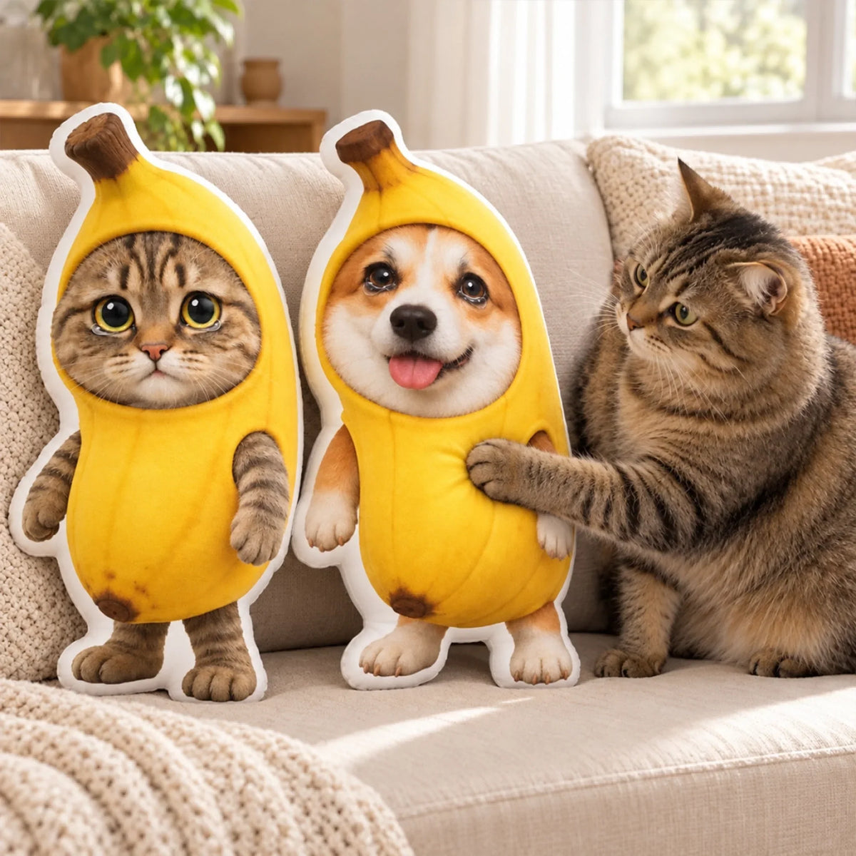 Banana costume pet photo pillows displayed beside a cat