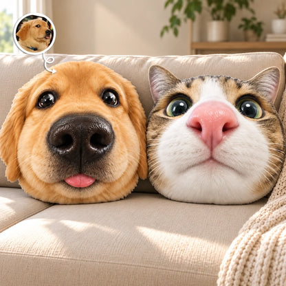 Fisheye custom pet photo shaped pillows with dog and cat examples