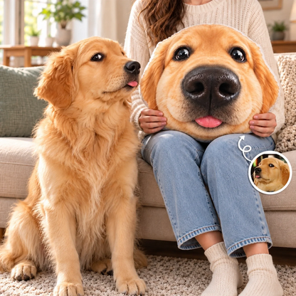Custom fisheye dog photo pillow displayed beside a dog