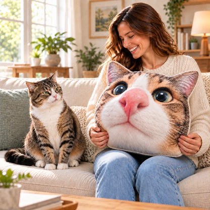 Custom fisheye cat photo pillow displayed beside a cat