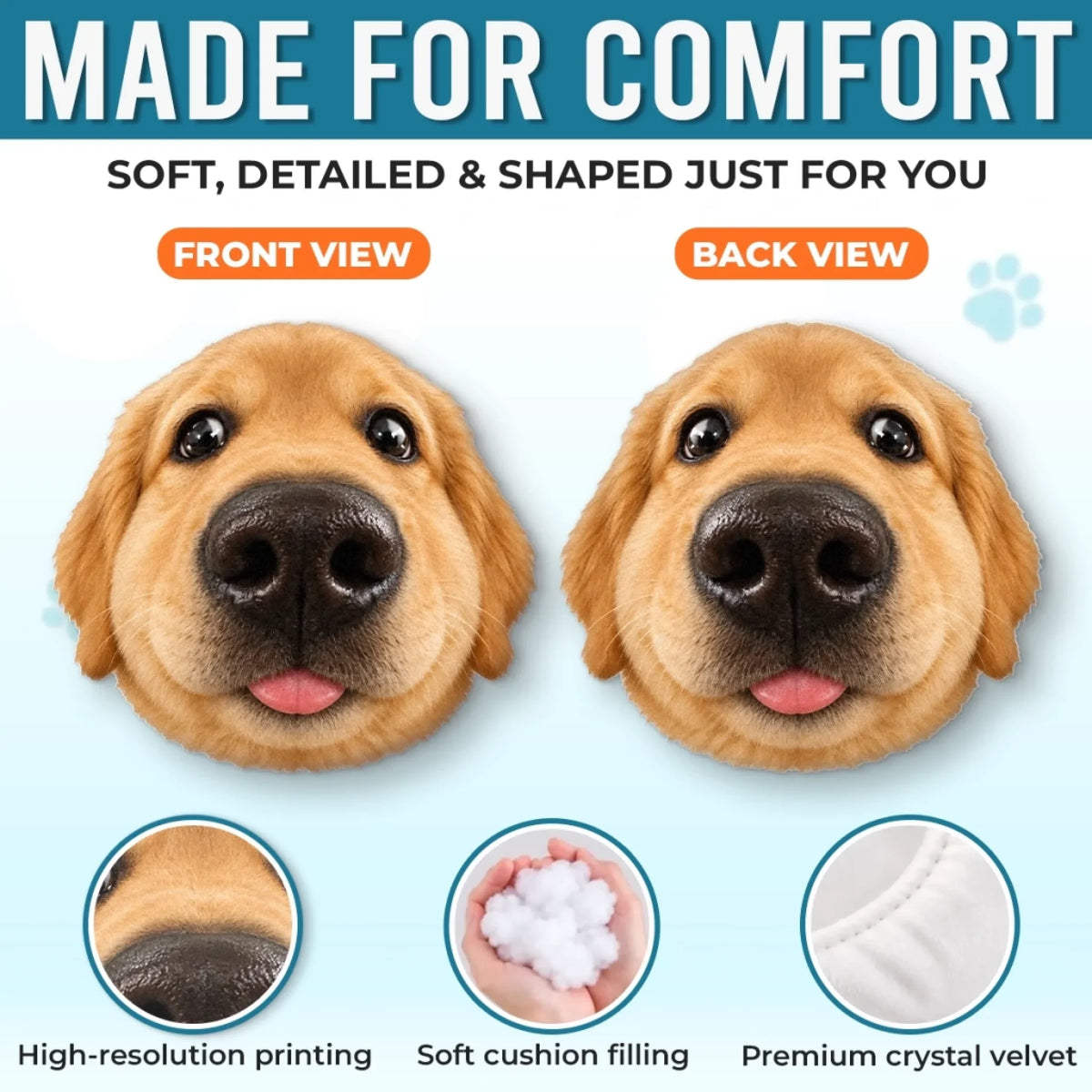 Fisheye pet pillow front and back views with fabric and filling details