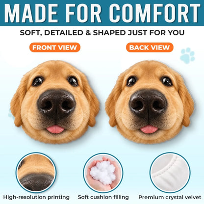 Fisheye pet pillow front and back views with fabric and filling details
