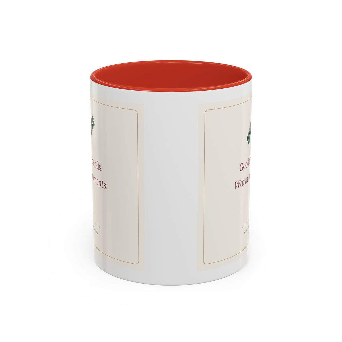 STAPLE Good Friends, Warm Moments 11 oz mug in Red, wrap view; digital Printify mockup.