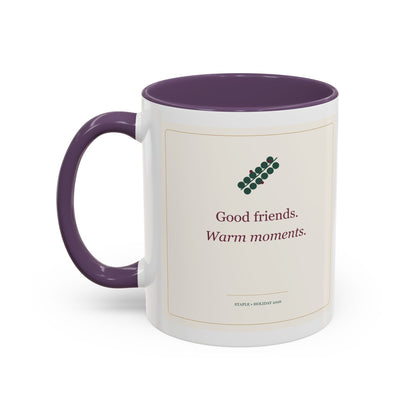 STAPLE Good Friends, Warm Moments 11 oz mug in Purple, left-handle artwork view; digital Printify mockup.