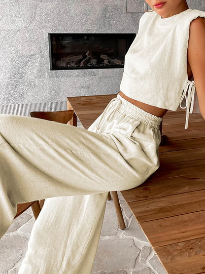 Always Chic Women's Linen Two-Piece Set with Wide-Leg Pants