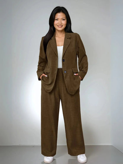Women's Plus Size Elegant Lapel Suit Jacket and Matching Trousers Set