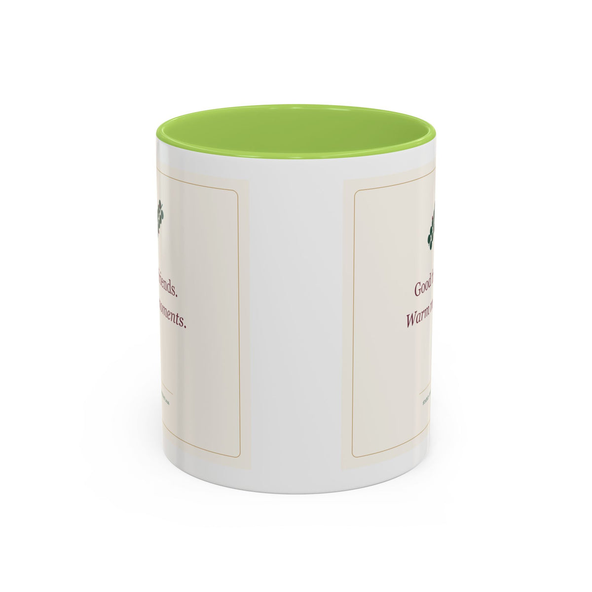 STAPLE Good Friends, Warm Moments 11 oz mug in Light Green, wrap view; digital Printify mockup.