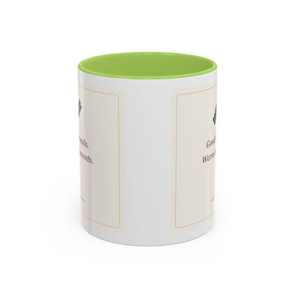 STAPLE Good Friends, Warm Moments 11 oz mug in Light Green, wrap view; digital Printify mockup.
