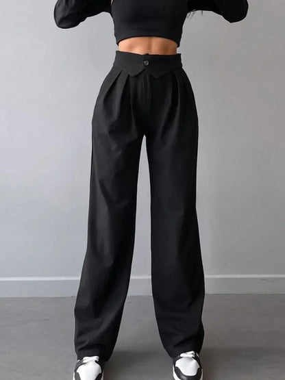 Women's Street Style Straight Leg Dress Pants with Fold-Over Waistband
