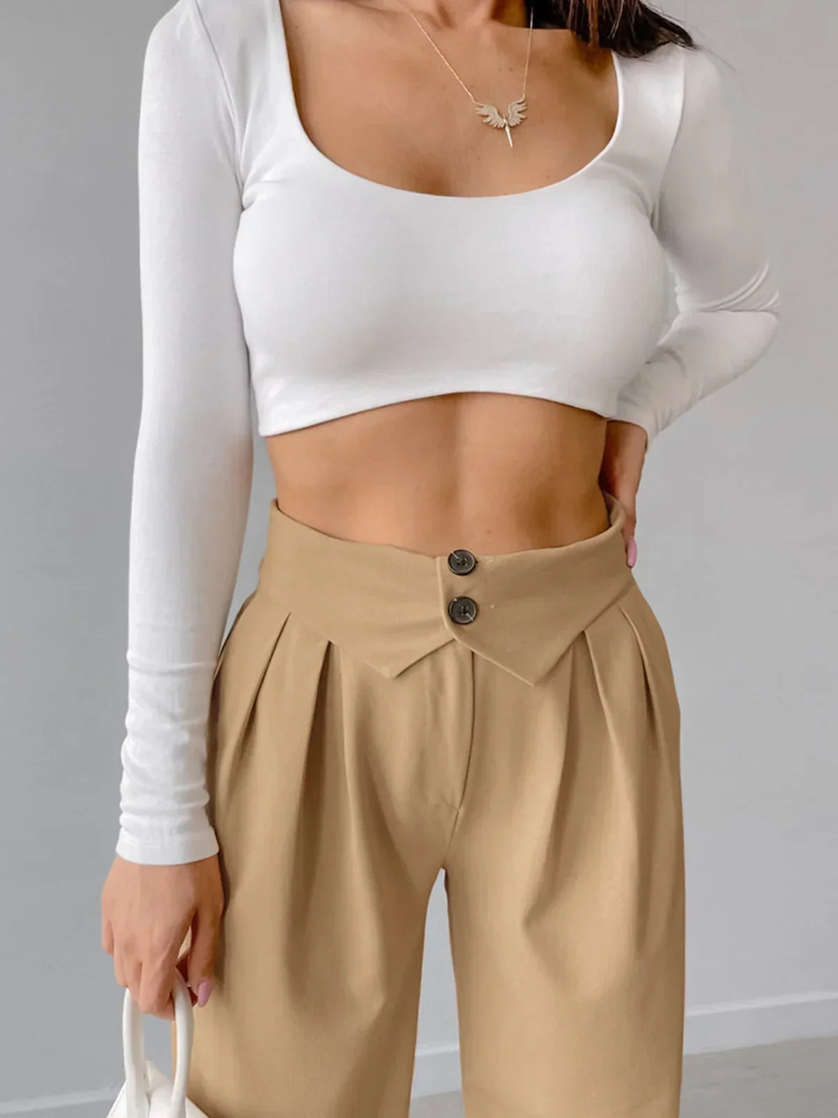 Women's Street Style Straight Leg Dress Pants with Fold-Over Waistband