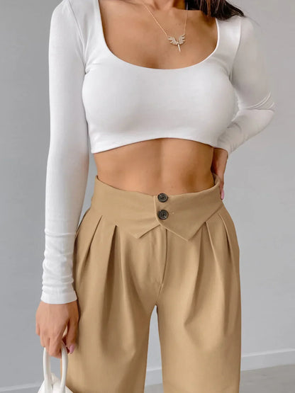 Women's Street Style Straight Leg Dress Pants with Fold-Over Waistband