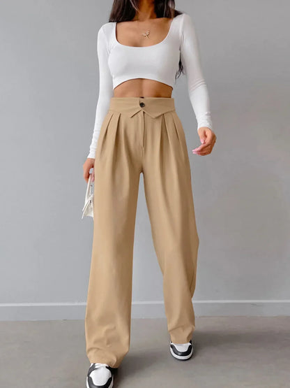 Women's Street Style Straight Leg Dress Pants with Fold-Over Waistband