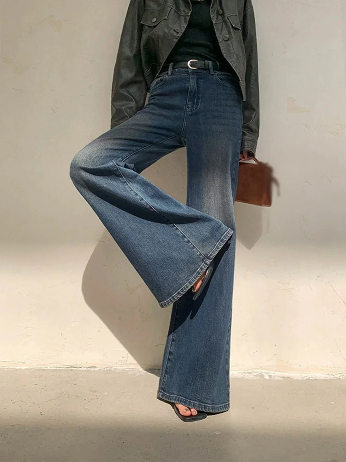Vintage Inspired High-Waisted Washed Denim Wide Leg Jeans