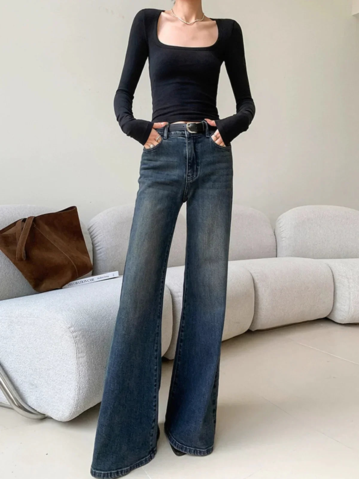 Vintage Inspired High-Waisted Washed Denim Wide Leg Jeans