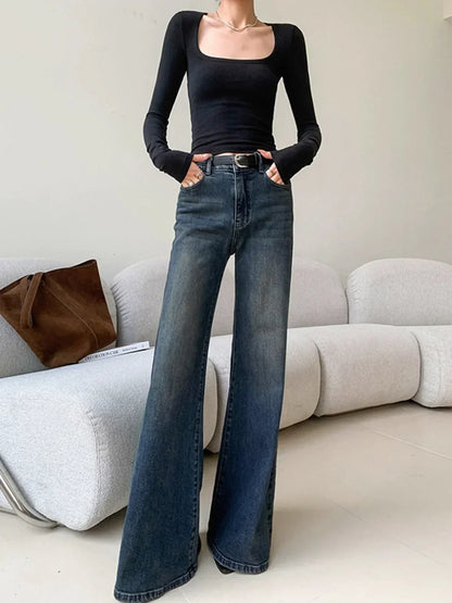Vintage Inspired High-Waisted Washed Denim Wide Leg Jeans